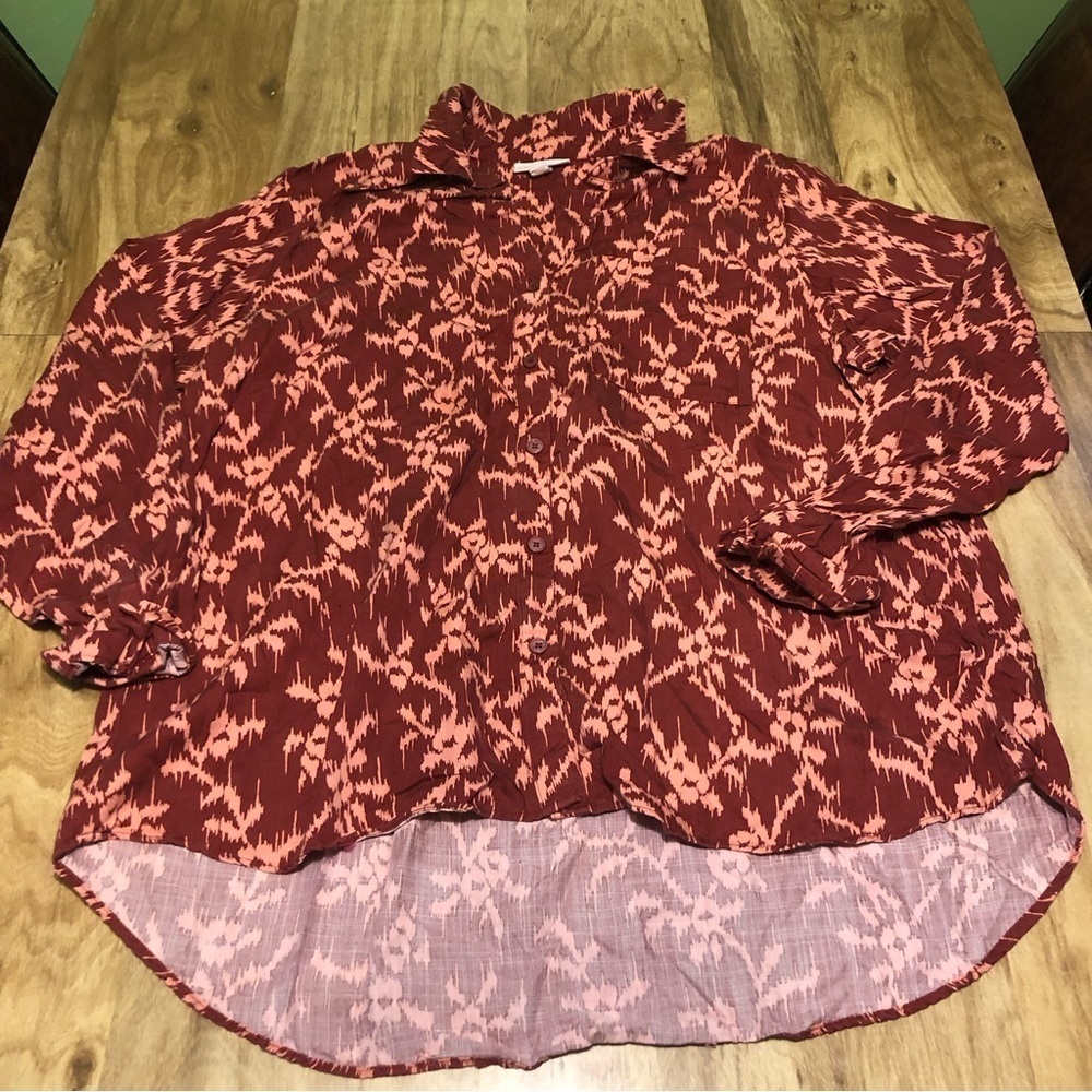 3/$25 Knox Rose Womens XXL 2XL Lightweight Button Up Blouse Red Artsy Palm Tree